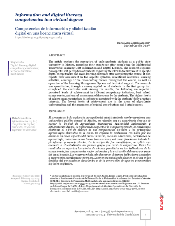 (PDF) Information and digital literacy competencies in a virtual degree