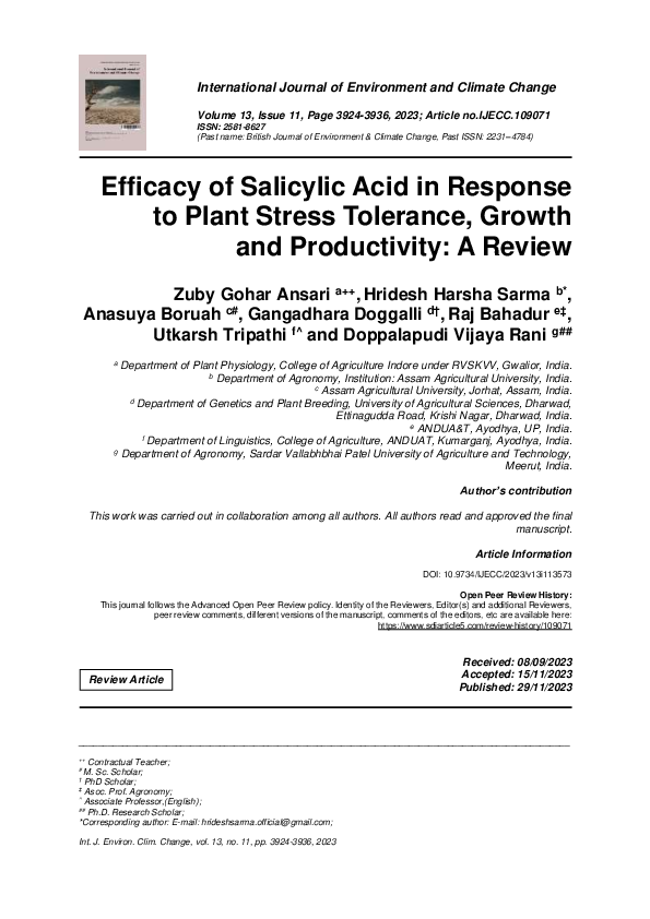 (PDF) Efficacy of Salicylic Acid in Response to Plant Stress Tolerance ...