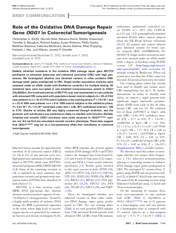 (PDF) Role of the Oxidative DNA Damage Repair Gene OGG1 in Colorectal ...