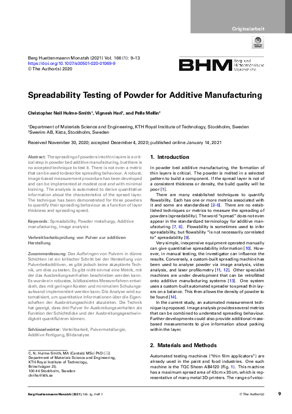 (PDF) Spreadability Testing of Powder for Additive Manufacturing