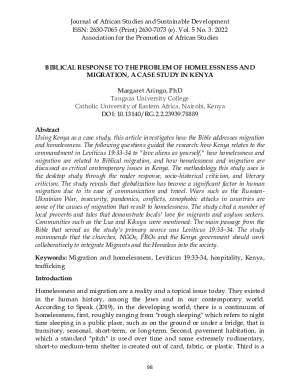 (PDF) BIBLICAL RESPONSE TO THE PROBLEM OF HOMELESSNESS AND MIGRATION, A ...