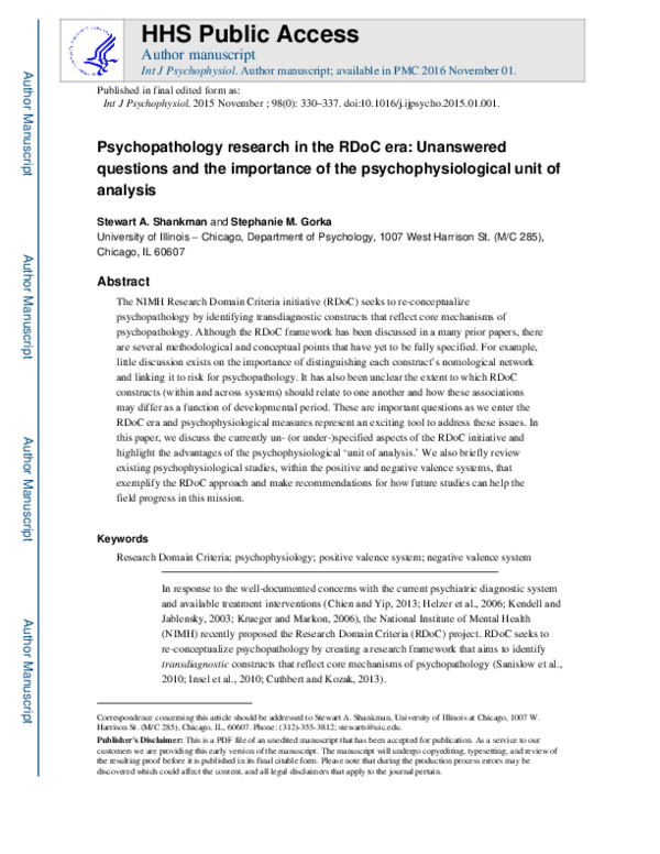 (PDF) Psychopathology research in the RDoC era: Unanswered questions ...