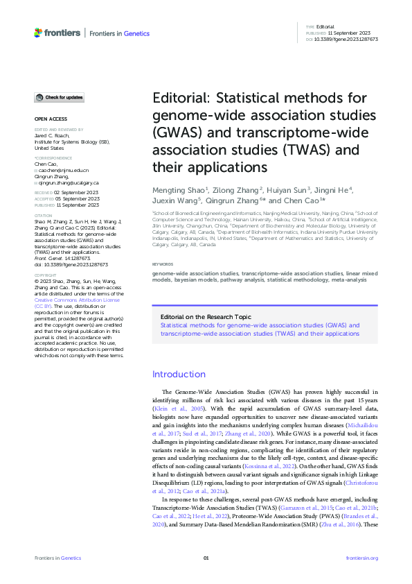(PDF) Editorial: Statistical methods for genome-wide association ...