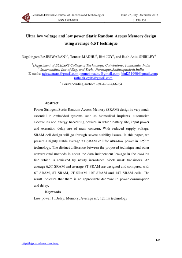 (PDF) Ultra low voltage and low power Static Random Access Memory ...