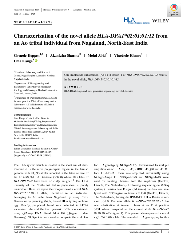 (PDF) Characterization of the novel allele HLA‐DPA1*02:01:01:12 from an ...