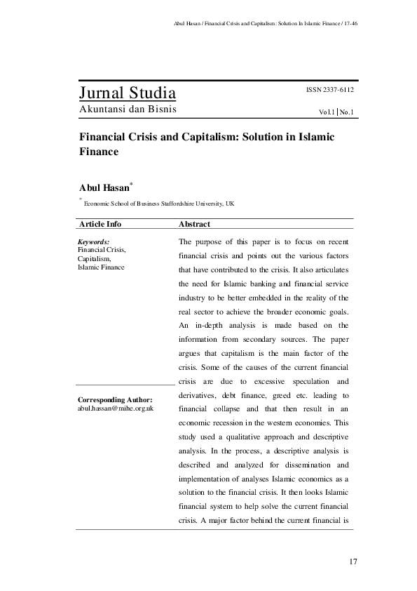 (PDF) Financial Crisis and Capitalism: Solution in Islamic Finance