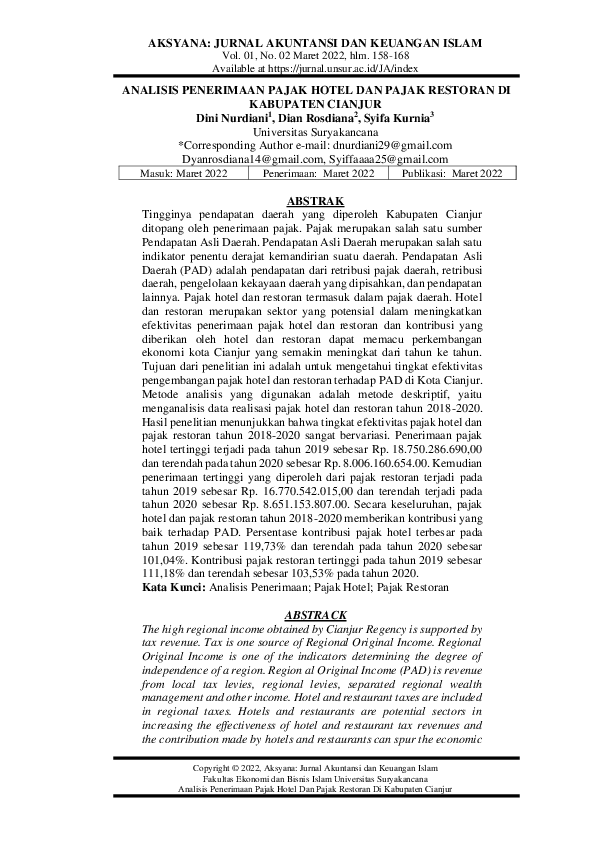 Analisis Penerimaan Pajak Hotel Dan Pajak Restoran DI Kabupaten Cianjur