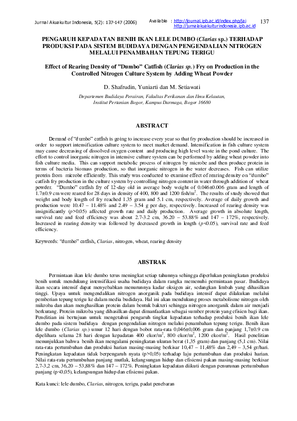 (PDF) Effect of Rearing Density of ”Dumbo” Catfish (Clarias sp.) Fry on ...