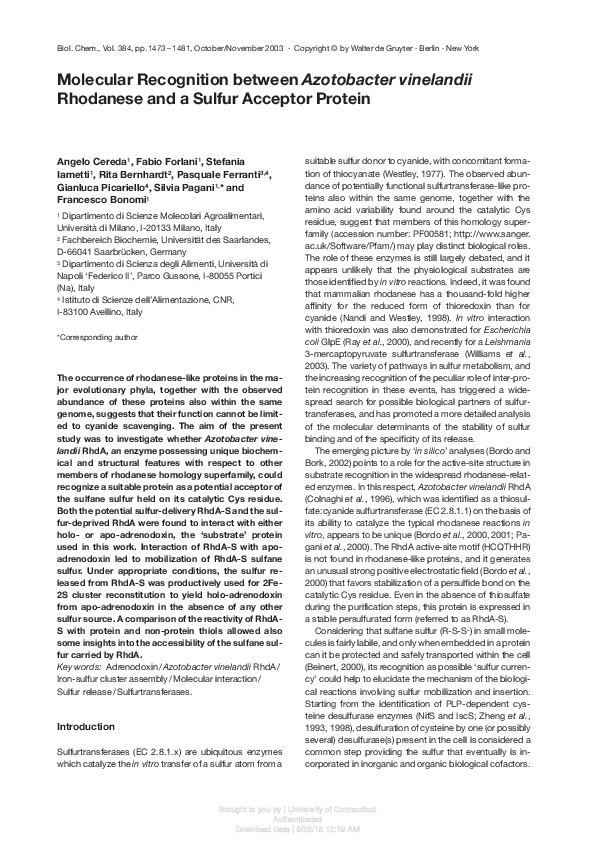 (PDF) Molecular Recognition between Azotobacter vinelandii Rhodanese ...