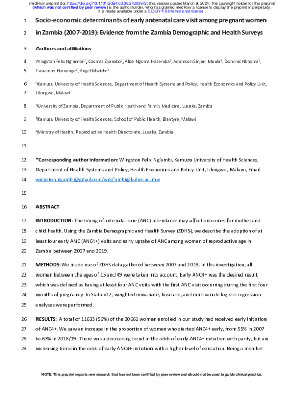 (PDF) Socio-economic determinants of early antenatal care visit among ...