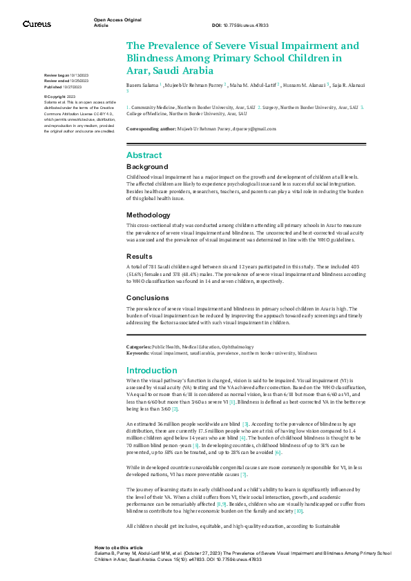 (PDF) The Prevalence of Severe Visual Impairment and Blindness Among ...