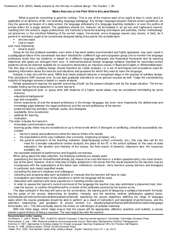 (PDF) Needs analysis as the first step in syllabus design