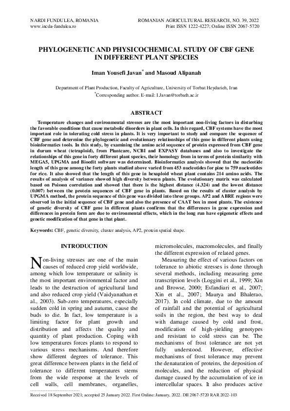 (PDF) and Physicochemical Study of CBF Gene in Different