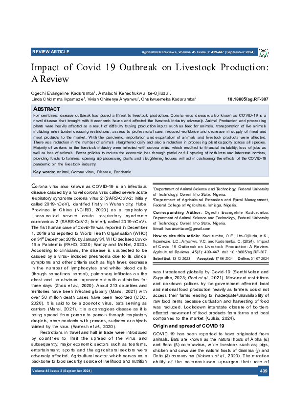 (PDF) Impact of Covid 19 Outbreak on Livestock Production: A Review