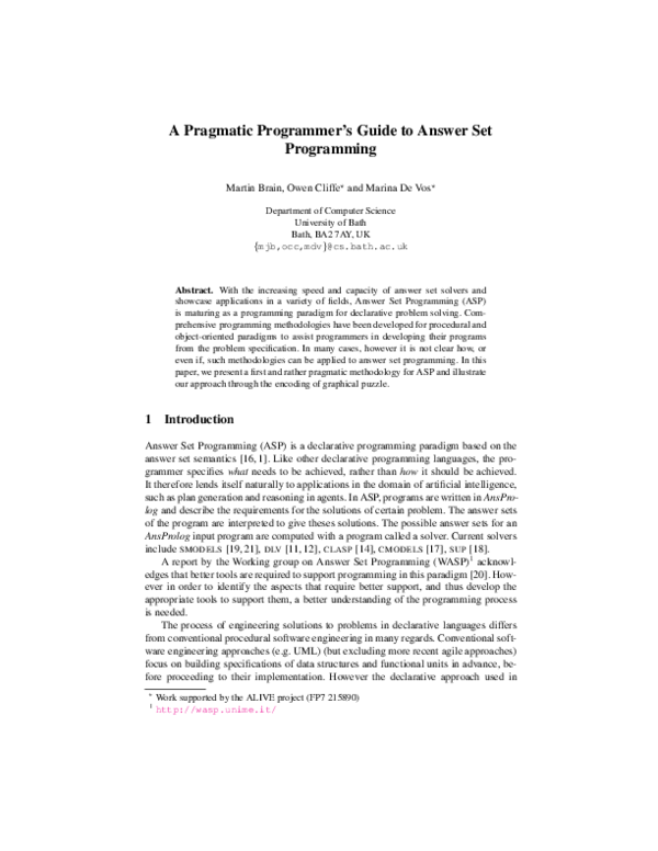 (PDF) A pragmatic programmer’s guide to answer set programming