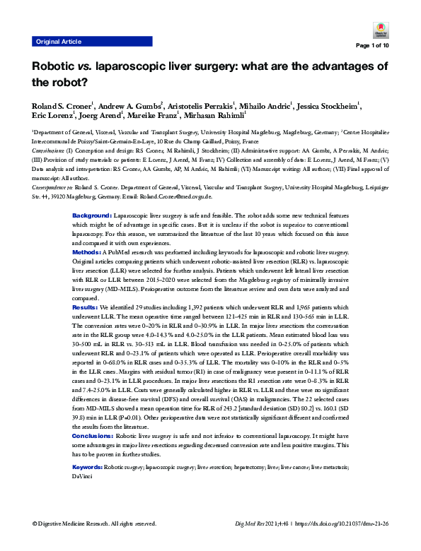 (PDF) Robotic vs. laparoscopic liver surgery: what are the advantages ...