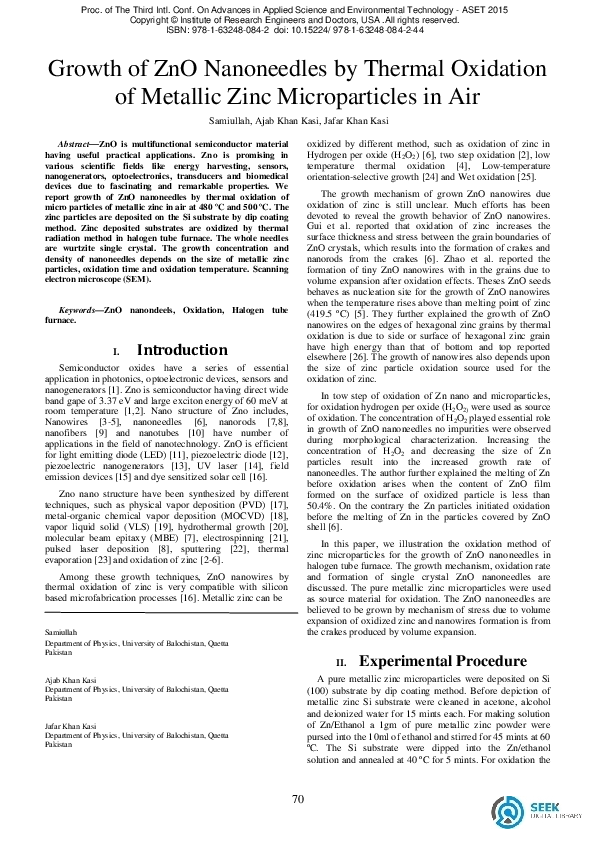 (PDF) Growth of ZnO Nanoneedles by Thermal Oxidation of Metallic Zinc ...