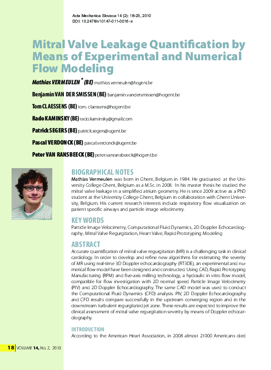 (PDF) Mitral Valve Leakage Quantification by Means of Experimental and ...