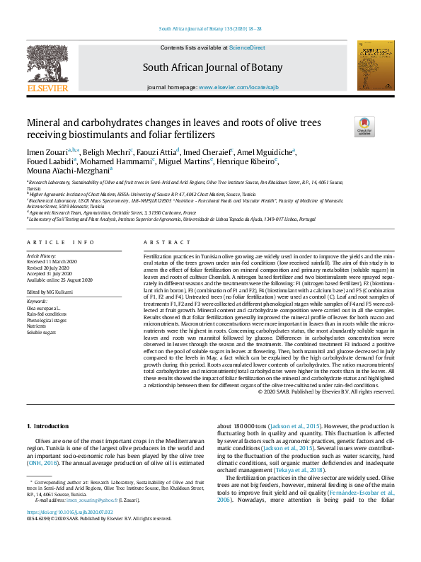 (PDF) Mineral and carbohydrates changes in leaves and roots of olive ...