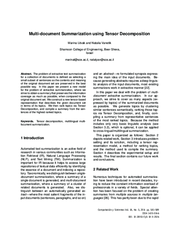 (PDF) Multi-document Summarization using Tensor Decomposition