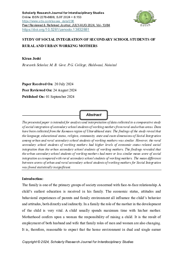 (PDF) STUDY OF SOCIAL INTEGRATION OF SECONDARY SCHOOL STUDENTS OF RURAL ...