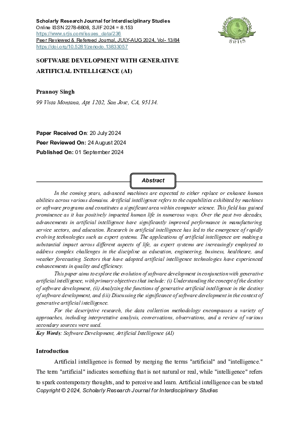 (PDF) SOFTWARE DEVELOPMENT WITH GENERATIVE ARTIFICIAL INTELLIGENCE (AI)