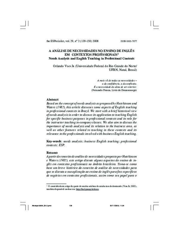 (PDF) Needs Analysis and English Teaching in Professional Contexts