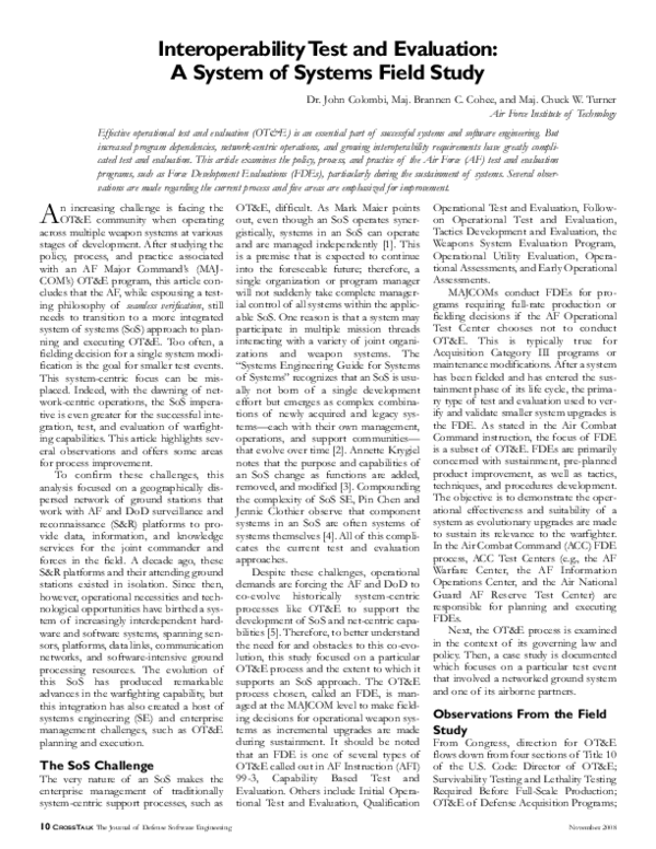 (PDF) Interoperability Test and Evaluation: A System of Systems Field Study