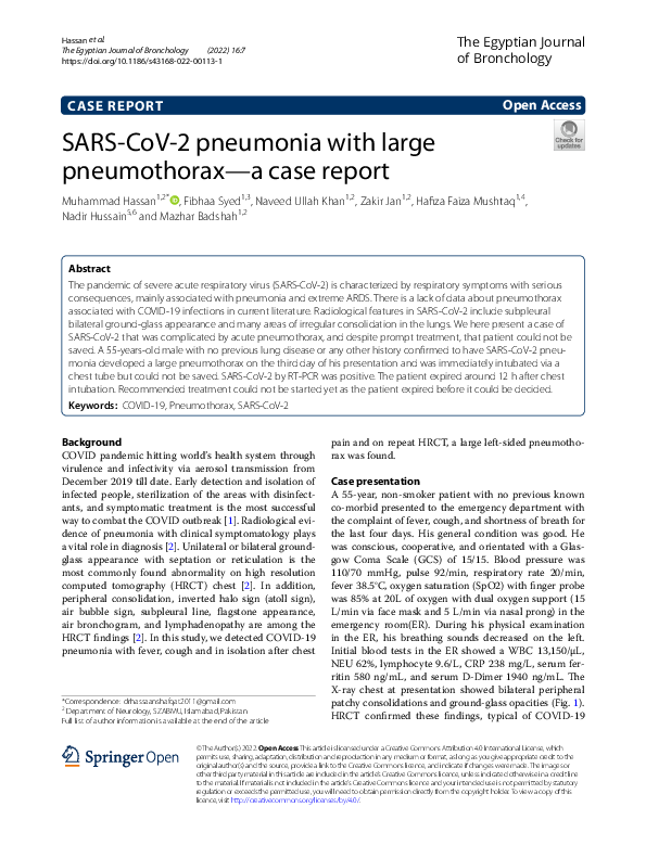 (PDF) SARS-CoV-2 pneumonia with large pneumothorax—a case report
