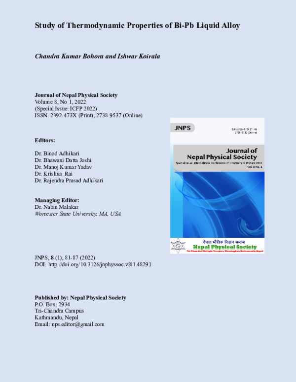(PDF) Study of Thermodynamic Properties of BiPb Liquid Alloy chandra