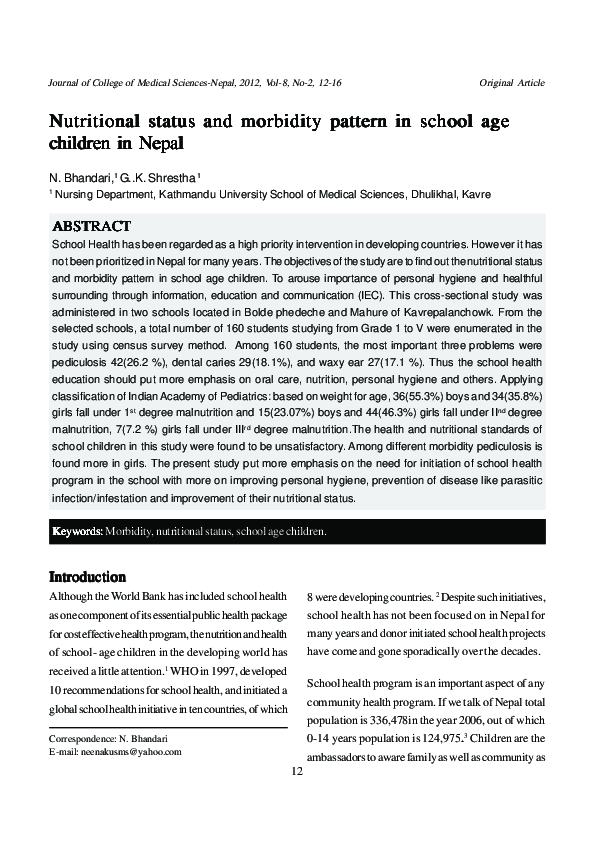(PDF) Nutritional status and morbidity pattern in school age children ...