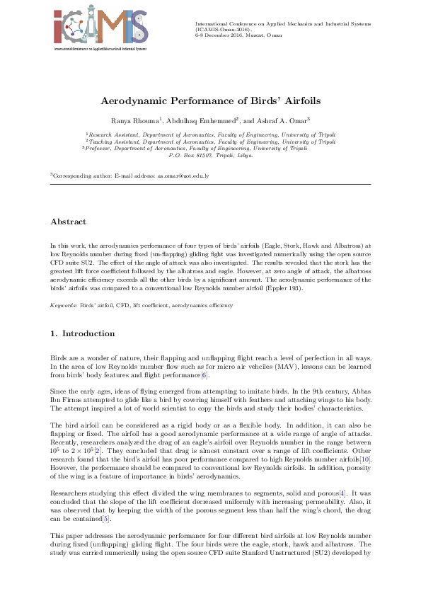 (PDF) Aerodynamic Performance of Birds' Airfoils