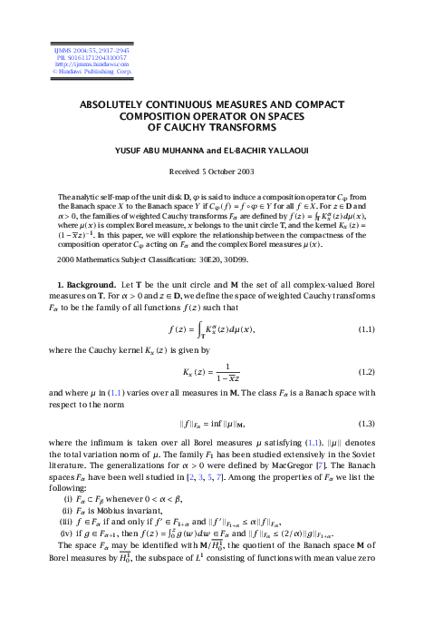 (PDF) Absolutely continuous measures and compact composition operator ...