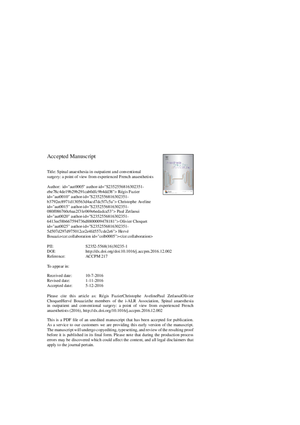 (PDF) Spinal anaesthesia in outpatient and conventional surgery: A ...