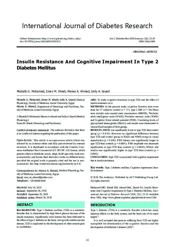 (PDF) Insulin resistance and cognitive impairment in type II diabetes ...