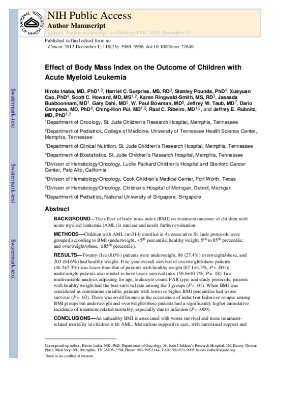 (PDF) Effect of body mass index on the outcome of children with acute ...