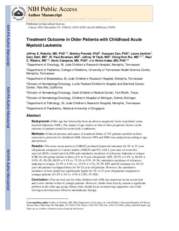 (PDF) Treatment outcome in older patients with childhood acute myeloid ...