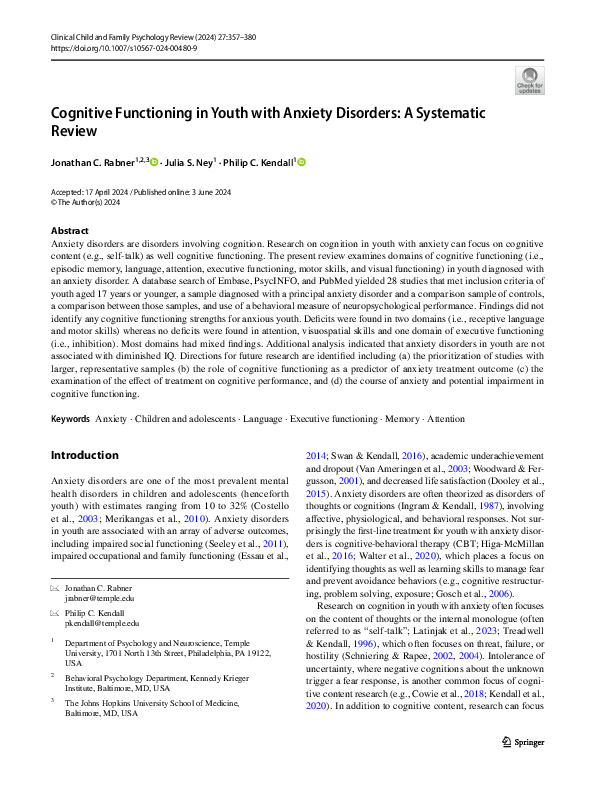 (PDF) Cognitive Functioning in Youth with Anxiety Disorders: A ...