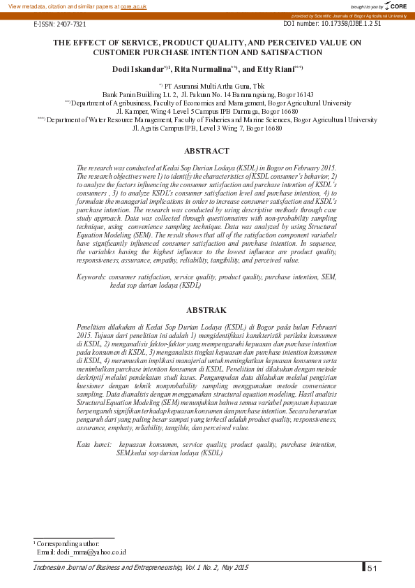 (PDF) The Effect of Service, Product Quality, and Perceived Value on ...