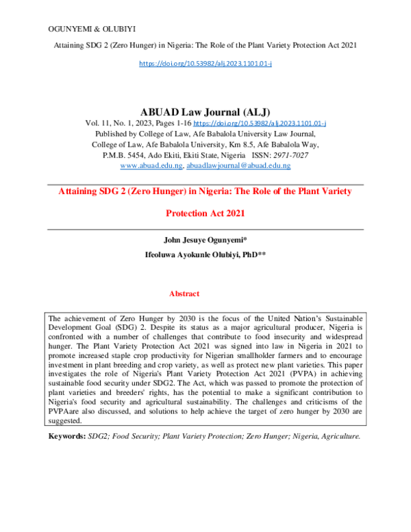 (PDF) Attaining SDG 2 (Zero Hunger) in Nigeria The Role of the Plant