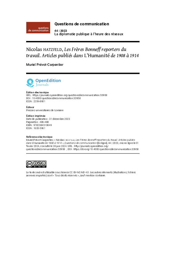 (PDF) Nicolas Hatzfeld, Les Frères Bonneff reporters du travail ...