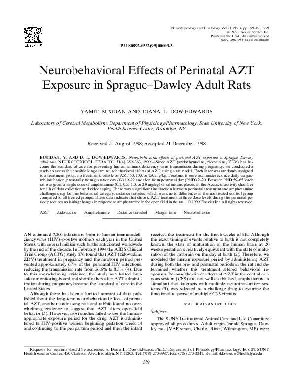 (PDF) Neurobehavioral Effects of Perinatal AZT Exposure in Sprague ...
