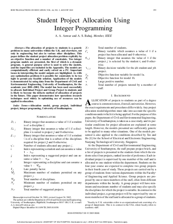 (PDF) Student project allocation using integer programming