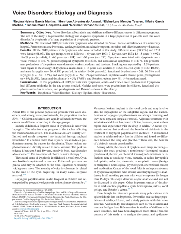 (PDF) Voice Disorders: Etiology and Diagnosis