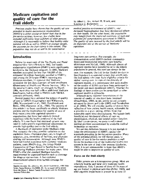 (PDF) Medicare capitation and quality of care for the frail elderly