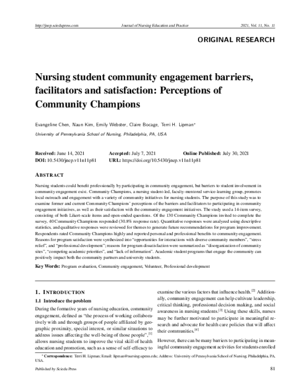 (PDF) Nursing student community engagement barriers, facilitators and ...