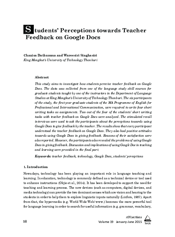 (PDF) Students’ Perceptions towards Teacher Feedback on Google Docs