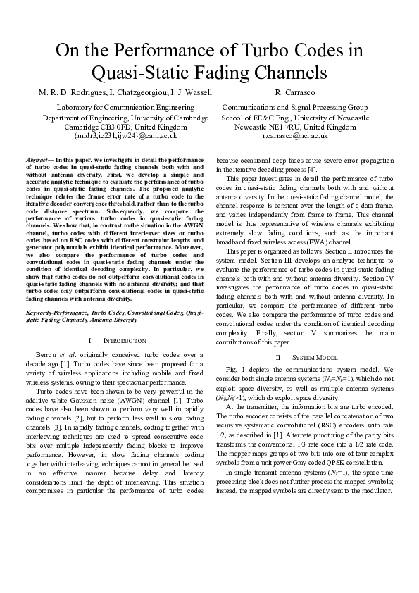 (PDF) On the Performance of Turbo Codes in Quasi-Static Fading Channels