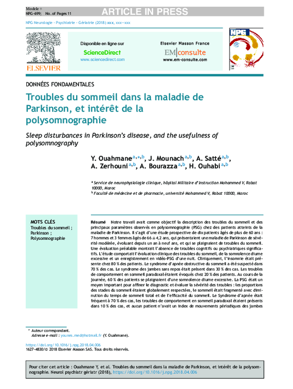 (PDF) Troubles du sommeil dans la maladie de Parkinson, et intérêt de ...