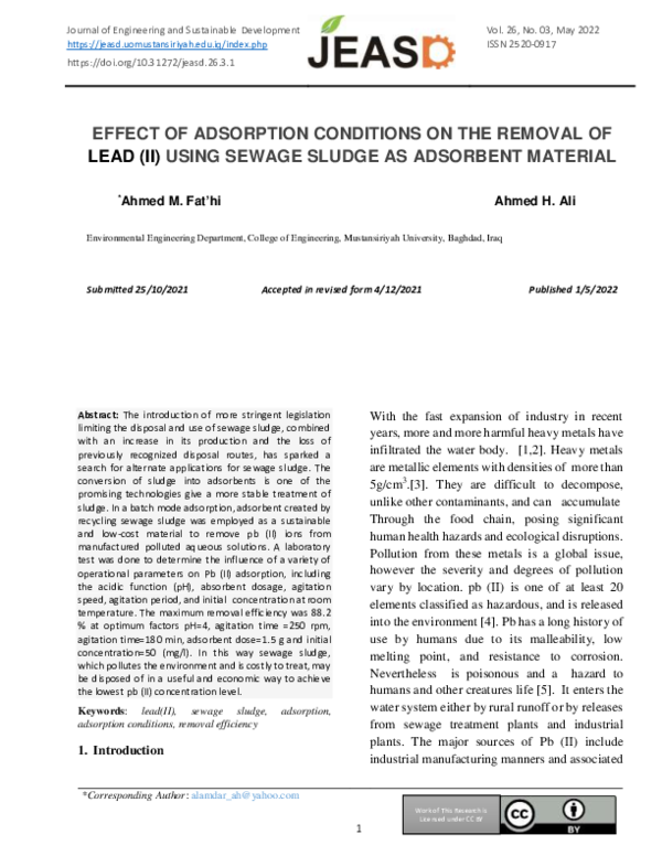 (PDF) Effect of Adsorption Conditions on the Removal of Lead (II) Using ...